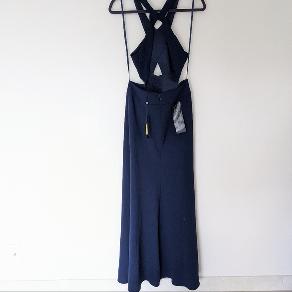 NEW BCBGMAXAZRIA Salome Navy Blue Halter Cross Front Slit Evening Gown Dress - Picture 4 of 9